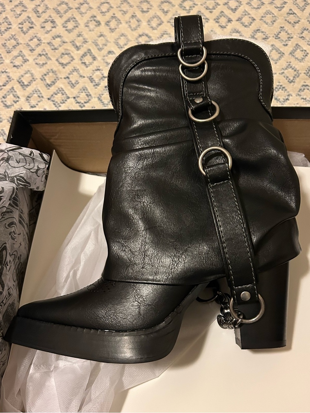 Current Mood Black Leather Ankle Boots with Ring Strap